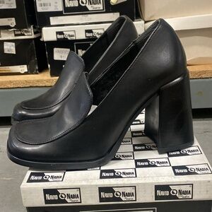 Genuine 90s Black Leather Loafer Thick Heel - vintage Navid O Nadia 'Pizza'